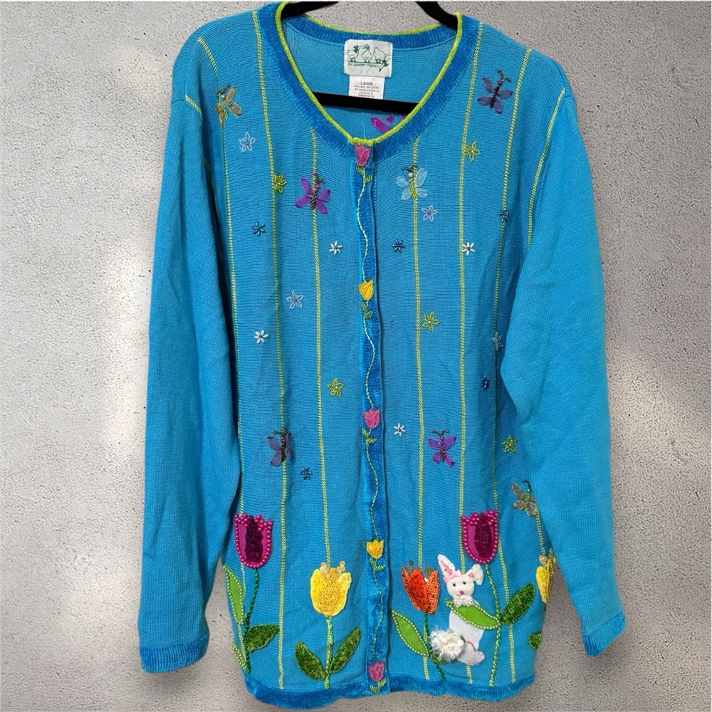 NWT The Quacker Factory Blue Embroidered Beaded Bunny Easter Spring Cardigan L